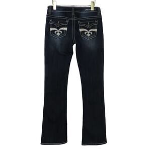 Y2k Jeans Hydraulic Fleur De Lis Dark Wash Low Rise Flare Jeans Waist 30"